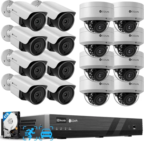 Miniatura 11 de Sistema de seguridad con 16 cámaras PoE 4COVR para empresas, detección de humanos y vehículos AI, 8 cámaras IP domo IK10 a prueba de vandalismo y 8