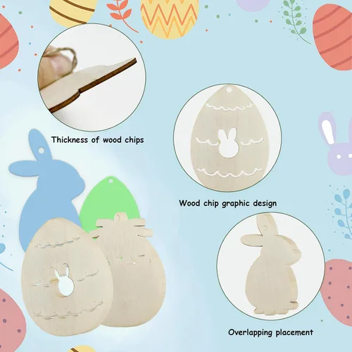 Miniatura 3 de AOCEAN Kit de manualidades de huevos de conejo, 100 piezas, recortes de madera y adornos colgantes con cordel, decoraciones de madera sin terminar