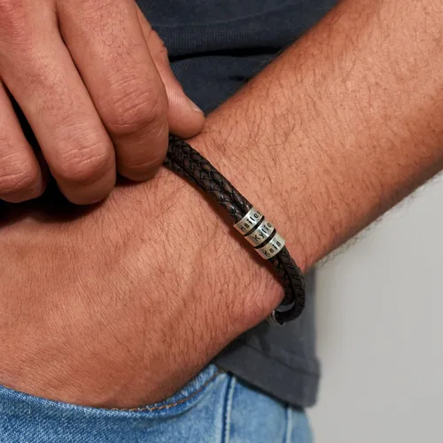 Miniatura 6 de Sett&Co - Personalized "Quest" BrownBlack Leather Bracelet With Up To 7 Custom Beads With Inscription - Sterling Silver 0.925, 18K Gold Plated