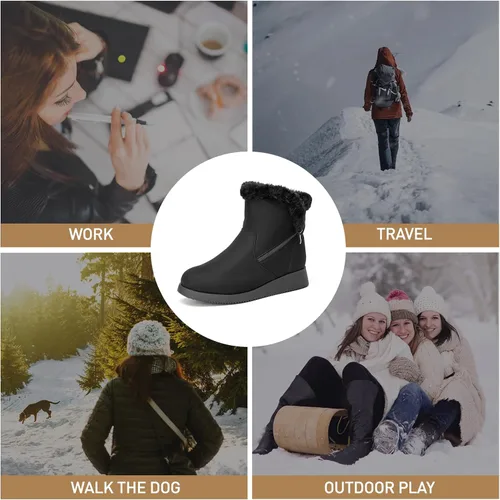 Miniatura 6 de CentroPoint Botas de nieve al tobillo de moda para mujer, tacón bajo de cuña corta, botines de invierno de piel sintética, zapatos cálidos