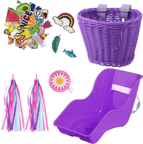 Miniatura 7 de Aurelema Asiento de bicicleta de muñeca con 30 calcomanías de calcomanías, cesta de bicicleta para niños, manillar de bicicleta, cintas coloridas