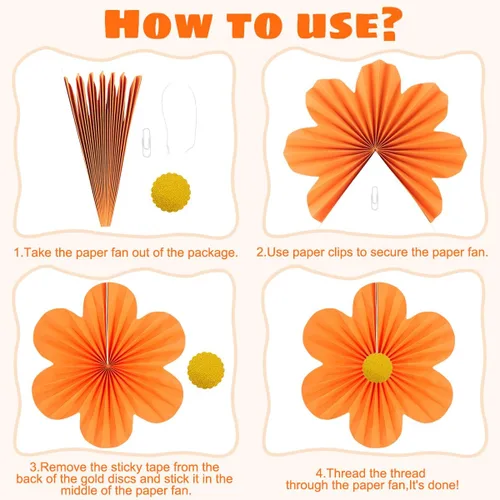 Miniatura 7 de Decoración de fiesta rosa y naranja, decoración de flores de papel para pared, abanicos de papel, telón de fondo floral, decoración de pared
