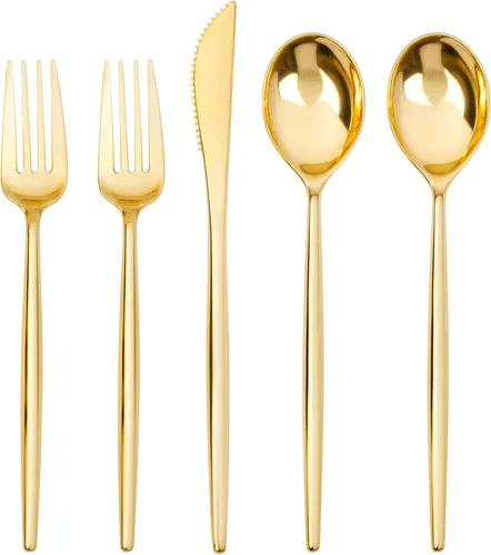 SUT 300 cubiertos de plástico dorados, utensilios dorados desechables, el juego de cubiertos de plástico dorado incluye 100 tenedores de plástico