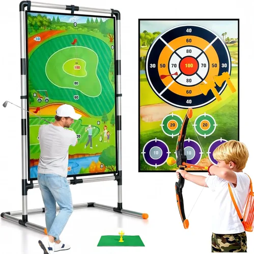 Juego de astillado de golf, 5 en 1, portátil, juego de golf de doble cara con soporte, con bolas adhesivas, tiro con arco, hacha y dardo, juguetes