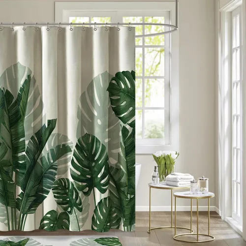 Miniatura 2 de Baccessor Cortina de ducha de lino con hojas verdes tropicales, cortinas de ducha botánicas de plátano, hoja de Monstera, palmera, repelente al Hoja