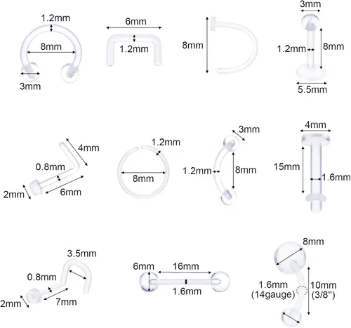Miniatura 3 de Yolev Juego de 55 piercings de acrílico transparente: aretes para la nariz, aros para la nariz, anillos para el vientre, retenedores de tabique