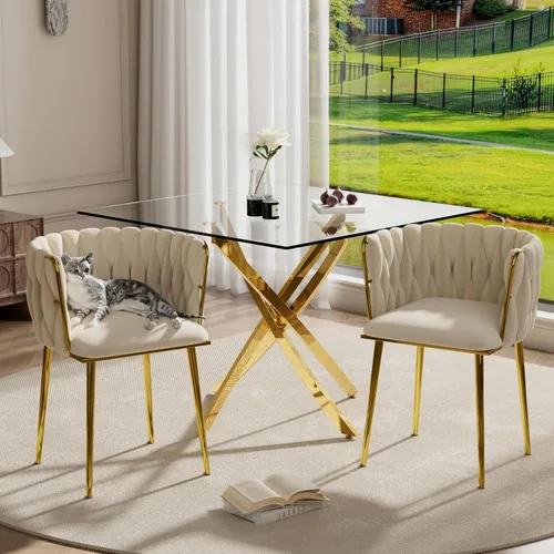 Miniatura 23 de RGZ Juego de mesa de cocina cuadrada minimalista moderna de 3 piezas, mesa de comedor de vidrio transparente con sillas tejidas negras, juego de 2