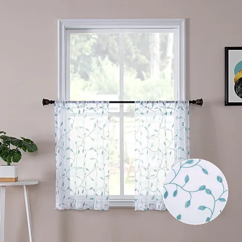 Miniatura 24 de Tollpiz Cortinas Cortas Transparentes de Hojas con Bordado de Hojas Grises, Cortinas de Dormitorio con Bolsillo para Barra, Voile de Lino Sintético