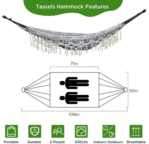 Miniatura 3 de Hamaca doble con flecos bohemios a rayas negras con flecos, cama colgante de tela de algodón suave para interiores y exteriores con cuerdas
