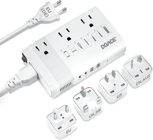 DOACE Convertidor de 220 V a 110 V para viajes europeos - Convertidor de voltaje de 350 W de EE. UU. a Europa con 4 cargadores QC+PD para usar Blanco