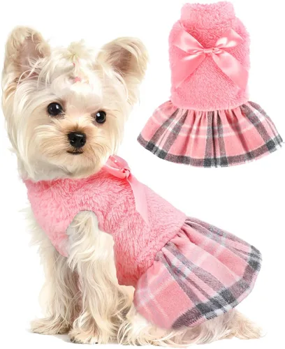 Miniatura 7 de Suéteres para perros pequeños y niñas, vestido suéter, dobladillo a cuadros, cuello alto, ropa mullida para mujer, abrigo cálido para mascotas, ropa