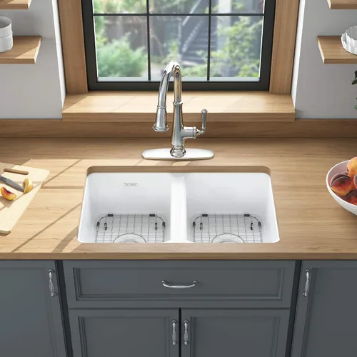 Miniatura 6 de American Standard 77DB30190.308 Delancey - Fregadero de cocina de hierro fundido de doble tazón 30x19, color blanco brillante