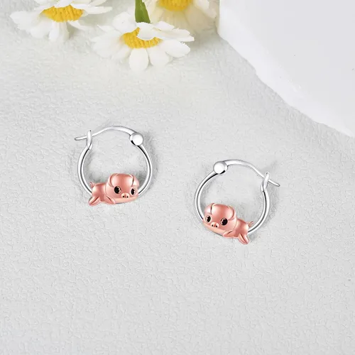 Miniatura 4 de Aretes de aro de plata de ley 925 de pato, vaca, cerdo, perro, bulldog francés, hongos, nutrias, mantarrayas, hipoalergénicos, lindos animales