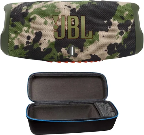 JBL Charge 5 - Paquete de altavoz portátil Bluetooth inalámbrico e impermeable con divvi!, funda rígida protectora, paquete Squad