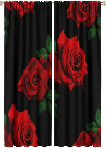 Cortinas opacas con rosas rojas, románticas, hojas verdes florecientes, color negro, para sala de estar, dormitorio, cocina, bolsillo para barra, 2