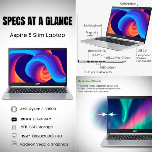 Miniatura 7 de acer Laptop Aspire 5 Slim 2023, pantalla Full HD de 15.6 pulgadas, 20 GB de RAM, almacenamiento SSD de 1 TB, procesador AMD Ryzen de 4 núcleos