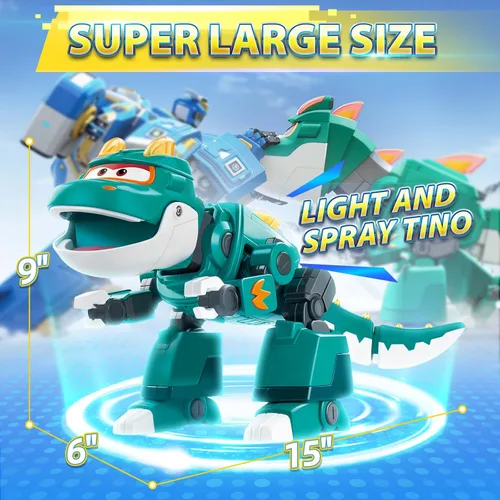 Miniatura 2 de Super Wings Toys Tino - Dinosaurio de 15 pulgadas, temporada 6, nuevo personaje, figuras de acción de Dinasour con niebla de agua, luz intermitente