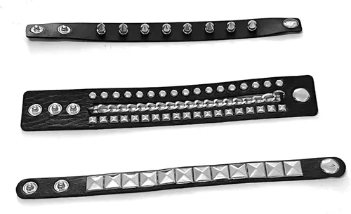 Miniatura 6 de 3 Pieces Punk Rock Leather Bracelets for Women Pop 80s 90s Emo Jewelry Accessories Retro Spiked Adjustable Wrap Wrist Cuffs