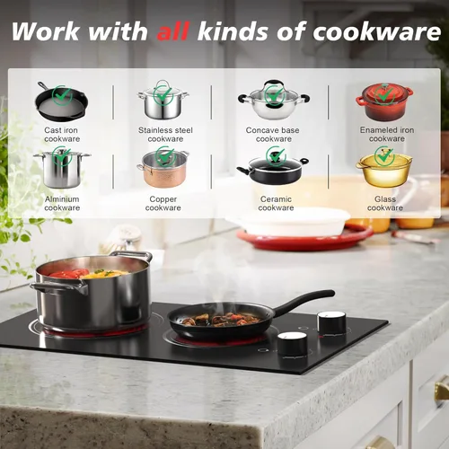 Miniatura 6 de Placa de cocina eléctrica, 2 quemadores, estufa eléctrica de 110 V 2000 W con control de perilla, encimera eléctrica radiante de 12 pulgadas e
