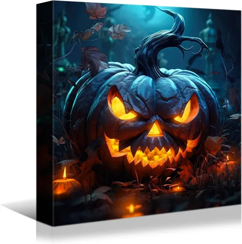 Miniatura 10 de YONICA Lienzo decorativo de Halloween para pared de sala de estar, decoración del hogar, calabaza de Halloween y gato negro sobre lienzo, obra