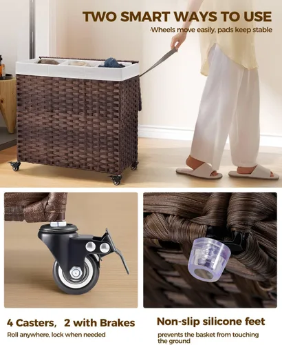Miniatura 102 de GREENSTELL Cesta para ropa sucia con ruedas y tapa, 130 L, cesta grande de 3 secciones con 2 tipos de bolsas de forro extraíbles, 5 bolsas de malla