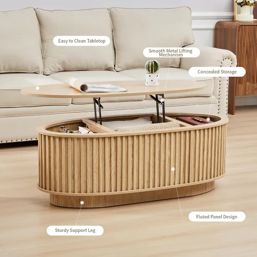 Miniatura 6 de Mesa auxiliar ovalada de 43.3 pulgadas, mesa de centro acanalada con compartimento de almacenamiento oculto, mesa de comedor moderna de mediados