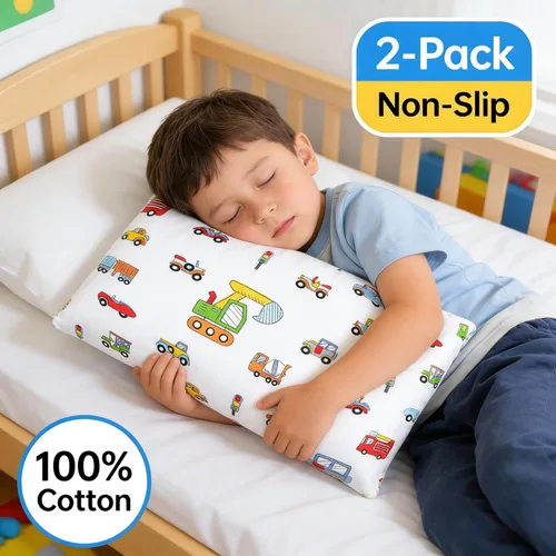 Miniatura 7 de IBraFashion Paquete de 2 fundas de almohada de algodón antideslizantes de 14 x 19 pulgadas para niños pequeños, diseño de vehículo de construcción