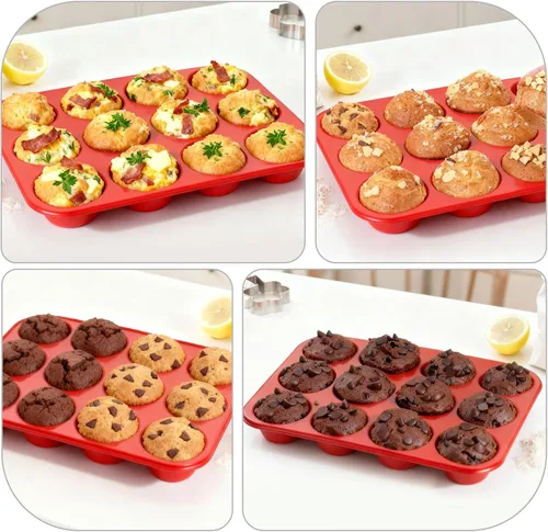 Miniatura 6 de Molde de silicona para muffins para hornear: Molde para muffins de 12 cavidades con marco reforzado de metal, moldes de tamaño regular para cupcakes