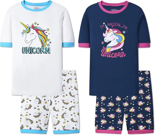 Joyond Summer Pajamas for Girls Cotton Toddler Clothes Kids Short Sleeves Snug-Fit Sleepwear Unicorn Flamingo Pjs Set