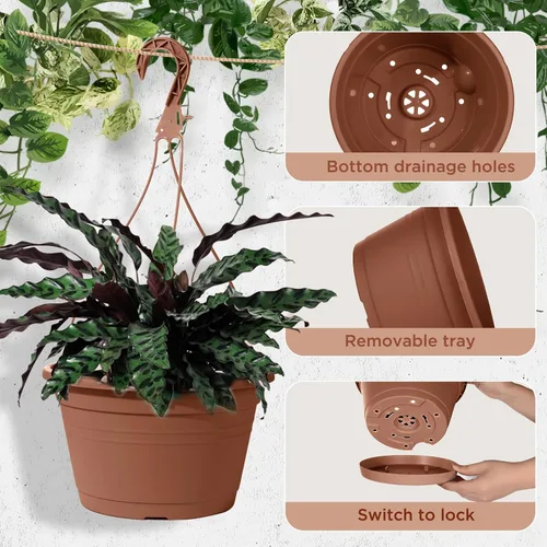 Miniatura 3 de 4 Piezas Macetas Colgantes para Plantas de Interior, 10" Macetas Grandes de Plástico Colgantes con Bandejas de Drenaje y Soporte de Cadena