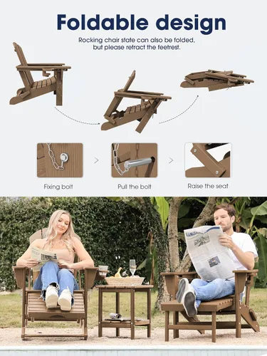 Miniatura 4 de KINGYES Silla mecedora Adirondack con otomano retráctil y portavasos, silla reclinable de patio Adirondack de HDPE para porche, patio, balcón, Teca