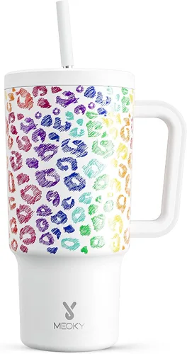 Miniatura 45 de Meoky - Vaso de 30 oz con asa, tapa y pajilla, taza de viaje térmica de acero inoxidable 100% a prueba de fugas, para portavasos, mantiene el frío