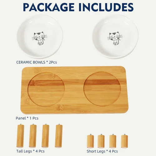 Miniatura 7 de DoogCat Cuencos elevados para gatos de interior – Mesa elevada de bambú para gatos con 2 platos de cerámica, altura ajustable