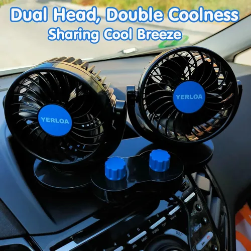 Miniatura 2 de Yerloa Ventilador de coche eléctrico de 12 V, ventilador portátil para automóvil, doble cabeza, rotación de 360 grados, ventilador de aire