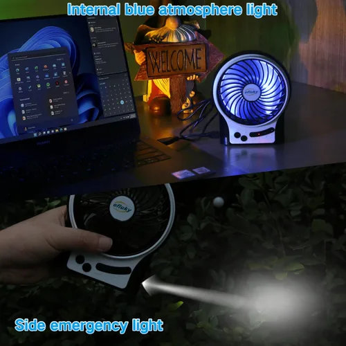 Miniatura 3 de efluky Ventilador de Escritorio Mini de 4.9 Pulgadas - 3 Velocidades, Batería Recargable/Alimentación por USB con Luz LED, Ventilador Portátil Negro