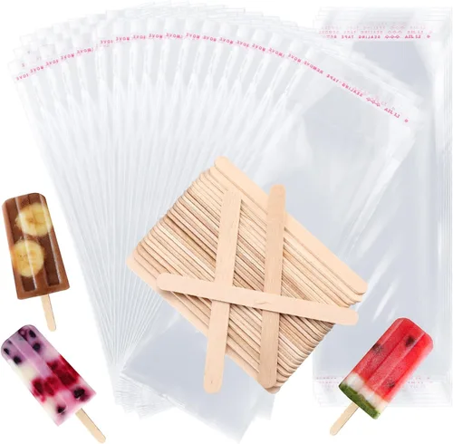 Miniatura 8 de Patelai Juego de 300 palitos de hielo y bolsas de plástico, bolsas de plástico autoadhesivas transparentes y palitos de paletas de hielo