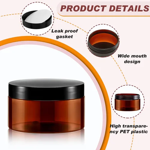 Miniatura 4 de Dandat 24 piezas 8 oz botes de plástico con tapa y etiqueta. Recipientes de muestra de cosméticos redondos ámbar PET recargables y vacíos para Ámbar