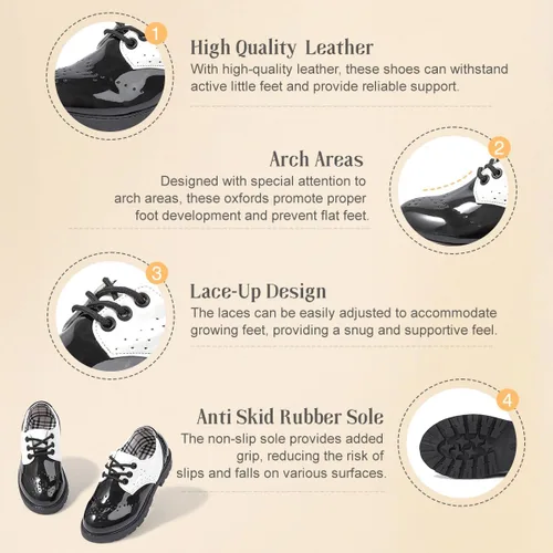 Miniatura 42 de KIDSUN Zapatos de vestir para niño y niña, cómodos zapatos Oxford con cordones para uniforme escolar, mocasines planos (bebé/niño pequeño) E-negro