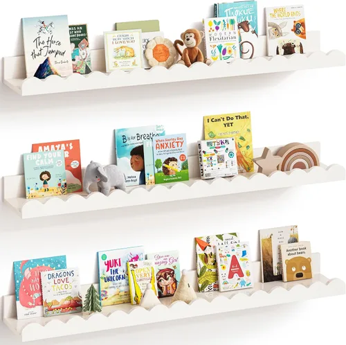 Miniatura 7 de G&W Gruwald Juego de 3 estantes para libros de guardería, decoración de guardería para bebés y niños pequeños, estantes festoneados, estante