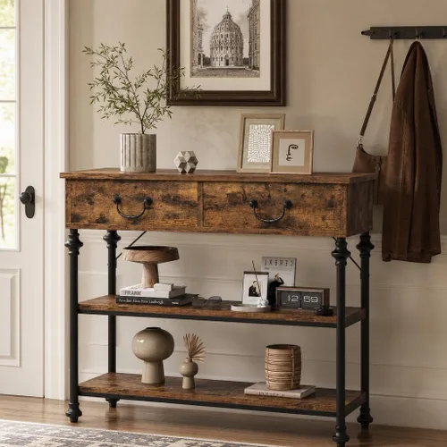 IDEALHOUSE Mesa consola estrecha de 39 pulgadas con 2 cajones, mesa de sofá de granja, mesa detrás del sofá con estantes de almacenamiento de 2