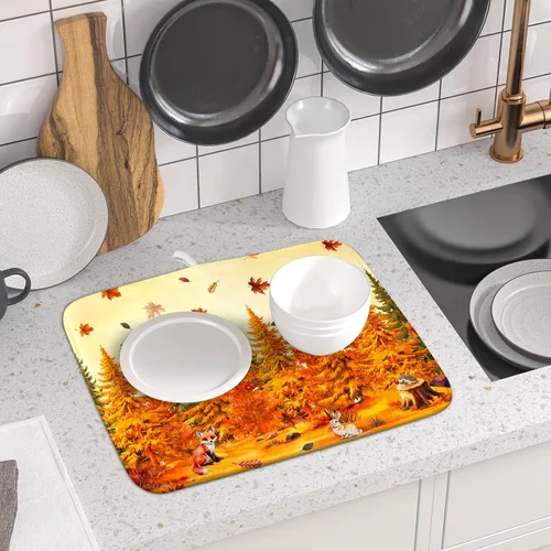 Miniatura 6 de Alfombrilla de secado de platos para encimera de cocina pequeña absorbente de café de otoño Alfombrilla de secado de microfibra de bosque de otoño