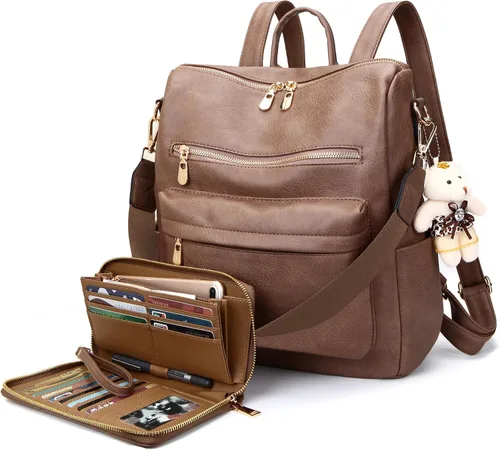 Miniatura 12 de Soperwillton Bolso de mochila para mujer. Bolsos de mano con diseño multiusos. Bolsa de hombro de cuero sintético. Bolsa de viaje. Juego de 2