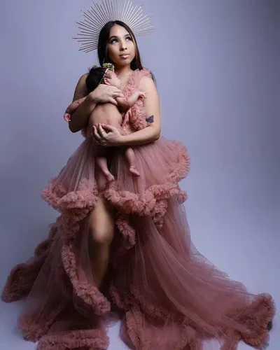 Miniatura 5 de Molisa Vestido de maternidad de tul para sesión de fotos, volantes hinchados, lencería nupcial, bata de baño, vestidos de embarazo transparentes