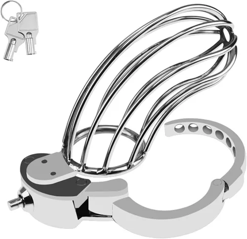 Miniatura 7 de Jaula de castidad de tamaño ajustable para pene esqueletizada, transpirable, de acero inoxidable, dispositivos de castidad masculina (mediana)