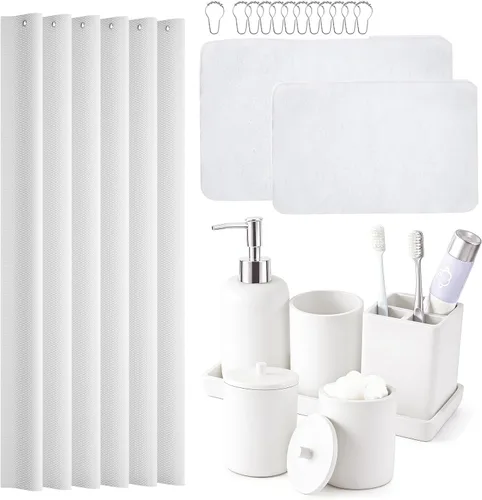 Miniatura 9 de Juego de baño de resina de 6 piezas color beige completo con soporte para cepillos de dientes, dispensador de jabón de loción, 2 dispensadores