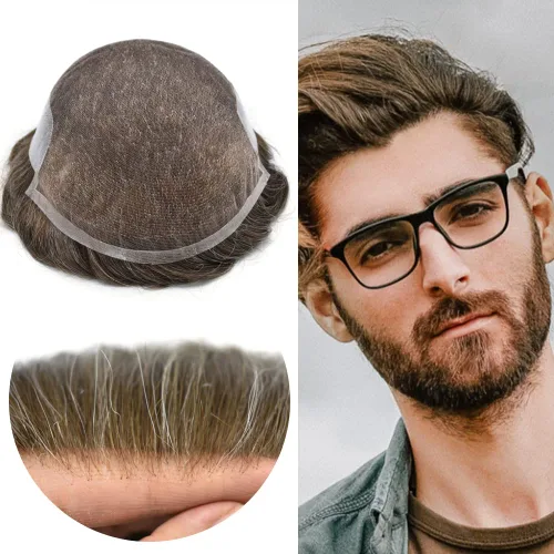 Miniatura 55 de Toupee Hairpiece for Men Real Human Hair Replacement Systems for Men Swiss Lace Front Bleached Knot Natural Hairline Hair Pieces for Men6*8''-100%