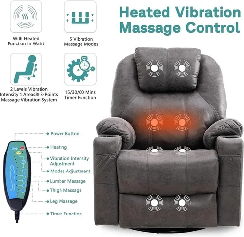 Miniatura 4 de Electric Swivel Rocker Recliner with Massage & Heat Power Reclining Lounge Chair with Remote, Cup Holders, USB Ports Oversized Gray Glider Recliner