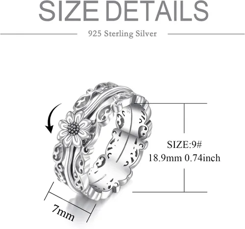 Miniatura 28 de VONALA Anillos giratorios de plata esterlina 925 con diseño de filigrana y girasol, cruz, piedra lunar, ágata musgo, anillos giratorios