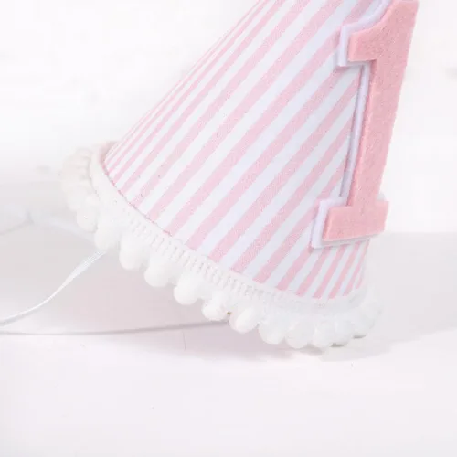 Miniatura 9 de Sombrero de fiesta de primer cumpleaños rosa y blanco - Corona de primer cumpleaños para niña con accesorios para fotos para decoraciones y vestidor