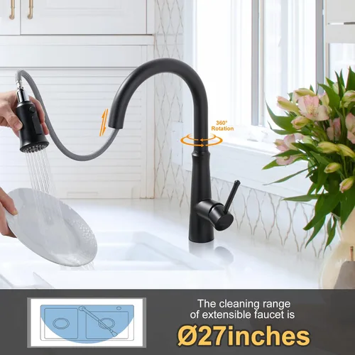 Miniatura 7 de WOWOW Grifos de cocina negro mate con rociador extraíble, grifo de fregadero de cocina de acero inoxidable para fregaderos de 1 o 3 agujeros, grifo